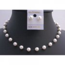 BRD815  Pure White Swarovski Pearls 8mm Necklace w/ Stud Earring Jewelry Set