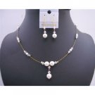 BRD587 Gold Wire w/ White Pearls & Ab Swarovski Crystals Handcrafted Jewelry Set