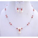 BRD624  Cream Pearls & Lite Siam Red Crystals White Pearls Handcrafted Jewelry Set