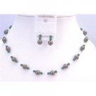 BRD880  Clover Green Swarovski Crystals w/ Chocolate Brown Wedding Jewelry Set