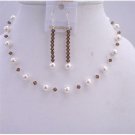 BRD610  Smoked Topaz Crystals w/ White Pearls Wedding Necklace & Earrings Jewelry Set