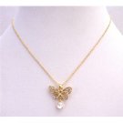 N374  Butterfly Gold Pendant Fully Embedded w/ Cubic Zircon & CZ Stud Dangling Gold Chain Necklace