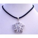 N414  Clear Crystals Sunflower Pendant w/ Velvet Cord Necklace