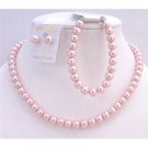 NS312  Necklace Earring Bracelet Pink Pearls Complete Set Bridemaids Wedding Jewelry Set