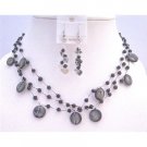 NS381  Three Stranded Necklace Set w/ Black Shell Fancy Onyx Beads Onyx Nuggets Necklace Set