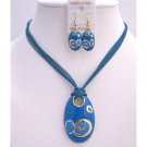 NS298  Gold Enamel Blue Pendant w/ Paint Designed Necklace Set Multistranded Blue Jewelry Set