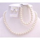NS550  Complete Set Cream Pearls Necklace Earrings Toggle Clasp Bracelet Exclusive Handmade Jewelry