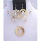 NS398  Shell Freshwater Pearls Necklace Set Round Shell Pendant & Sterling Silver Earrings