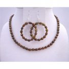 NS316 Metallic Brown Rice Freshwater Pearls w/ Round Hoop Earrings Necklace Sets