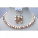 NS379  Very Cute & Elegant Peach Pearls Necklace Earrings Set Bridal Bridemaides Gift Jewelry