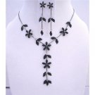 NS254  Black Jewelry Set Floral - Leaf Embedded w/ CZ Y Shaped Necklace Set