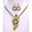 NS209  Green Jewelry Set w/ Olive Rhinestones Multi Strands Olive Green Necklace Set