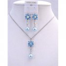 NS493 Blue Enamel Flower And Rhinestones w/ Cute Flower Pearls Dangling Necklace Set