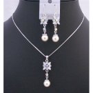 NS201  White Enamel Flower Necklace Set w/ Pearls Dangling Set Beautiful Jewelry