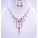 NS302  Fuschia - Bright Pink Crystals Designer Gorgeous Pink Y Necklace Earrings