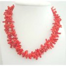 N624  Double Strands Coral Tube Beads Stranded Necklace Sterling Silver Clasp