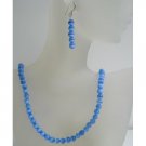 NS466  Sterling Silver 6mm Blue Cat Eye Stone Bead Beaded Dangle Hook Earrings Necklace Jewelry Set
