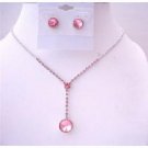 NS562  Fuschia Pink Crystals Drop Down Necklace w/ Fuschia Crystals Stud Earrings Jewelry Set
