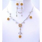 NS548  Topaz Crystals Flower Jewelry Set Drop Y Shaped Crystals Enamel Flower Necklace Set