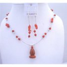 NS305  Coral Red Bead Necklace Set w/ Coral Pendant Double Stranded Wire Necklace Set