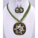 NS430  Vintage Green Enamel Round Pendant Jewelry Set