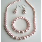 NS528  Pink Pearls Jewelry Pink Pearls Necklace Sterling Silver Earring w/ Stretchable Bracelet