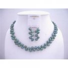 NS438 Metallic Freshwater Rice Pearls Dyed Turquoise Green Necklace & Sterling Silver Earrings