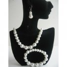 NS529 White Simulated Pearls Necklace Sterling Silver Earring w/ Stretchable Bracelet