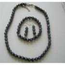 NS475 Black Cats Eye Stone Bead Beaded Dangle Hook Earrings Stretch Bracelet Necklace Jewelry Set