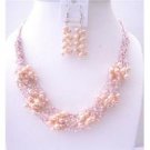 NS559  Pink FresshWater Pearls Jewelry Set w/ Glass Beads Multi Silver strands Necklace & Earrings