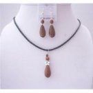 NS564  Brown Sandstone Teardrop Pendant Jewelry Set w/ Black Chord Necklace