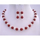 NS433  White Pearls & Coral Red Beads Necklace Set Sterling Silver Earrings