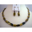 NS354  Apple Green w/ Matrix Rectangular Turquoise Beads Necklace Set w/ Bali Oxidized Spacing