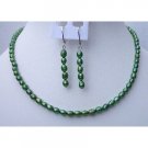 NS440  Rice Freshwater Pearls Jewelry Metallic Green Color Handmade Necklace & Fish Wire Earrings