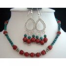 NS207  Handcrafted Jewelry Set Genuine Faceted Coral Beads With Green Turquoise Beads