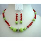 NS343 Genuine Coral Red Beads w/ Dyeld Lime Green Turquoise Beads Necklace Set