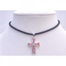 N562  Black Leather Cord Necklace w/ Pink Crystals Cross Pendant