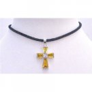 N574  Gold Cross Pendant Necklace Leather Cord Shimmering Gold Cross Penant