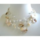 N399  Fancy Beads Shell Natural Color Necklace Accented In Silk Sleek chain w/ Multistrands Necklace