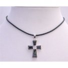 N269  Black Cross Pendant Leather Cord Necklace w/ Crstal Cross Pendant Necklace