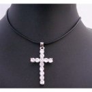 N656  White Cross Pendant w/ Black Leather Cord Necklace Clear Crystals Cross Pendant
