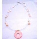 N339  Double stranded Necklace Freshwater Pearls w/ Round Shell Pendant Peach/Pink Necklace