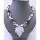 N634  Fancy Glass Beads Black & White Long Necklace w/ Murano Glass Twisted Leaf Long Necklace