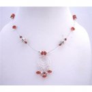 N436  Sterling Silver Multi Round Pendant Necklace Red Multifaceted Glass Beads & Silver Bali Beads
