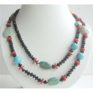 N448  Semi Precious Stone Beaded Long Necklace Coral Onyx Turquoise & Multi Beads Necklace