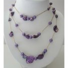 N561  Purple Shell & 3 Stranded Pearls Long Necklace Shell w/ Simulated Pearls