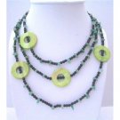 N606  Jade Nuggets Onyx Beads & Green Dyed Mother Shell Rings 58 Inches Long Necklaces