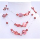 N434  Striking Sexy Red Shell Necklace w/ Red Pearls Three Stranded Silver Plated Necklace