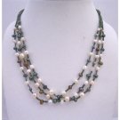 N426  3 Stranded Necklace Freshwater Pearls Metallic Brown Cream & Tumarine Green w/ Jade Beads