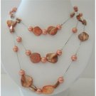 N560  Peach Shell & Pearls 3 Stranded Long Necklace Shell w/ Simulated Pearls 26 Inches Necklace